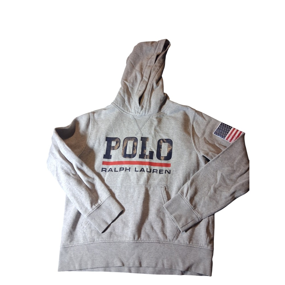 Polo Ralph Lauren Kids Performance Hoodie Gray American Flag M 10-12 Sweatshirt